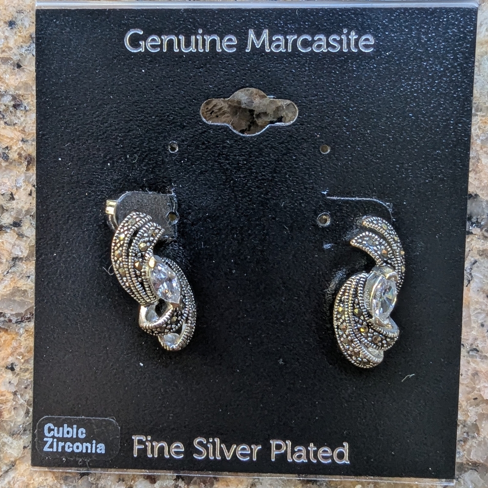 Macy's Genuine Marcasite Earrings in Fine Silver Plated NWT